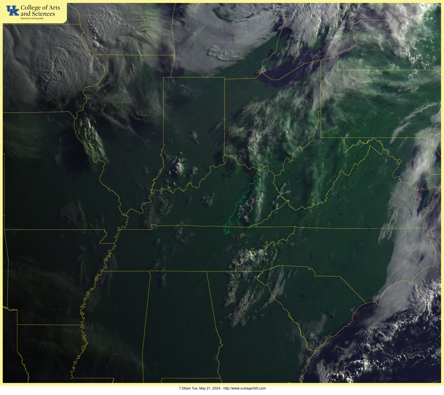 Current visible satellite for the Daniel Boone National Forest.